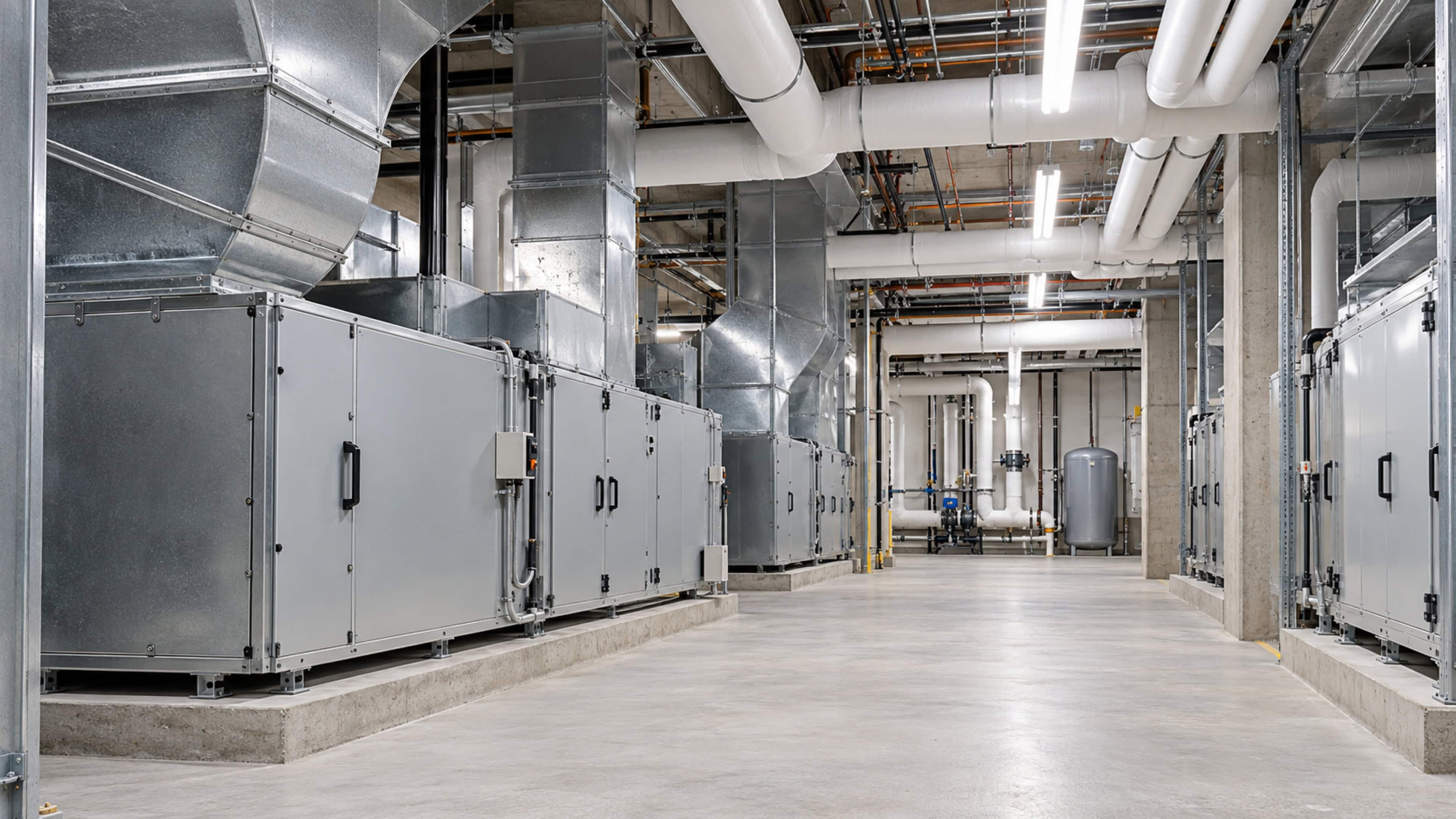 Illustrative mechanical room with HVAC equipment and service access aisle