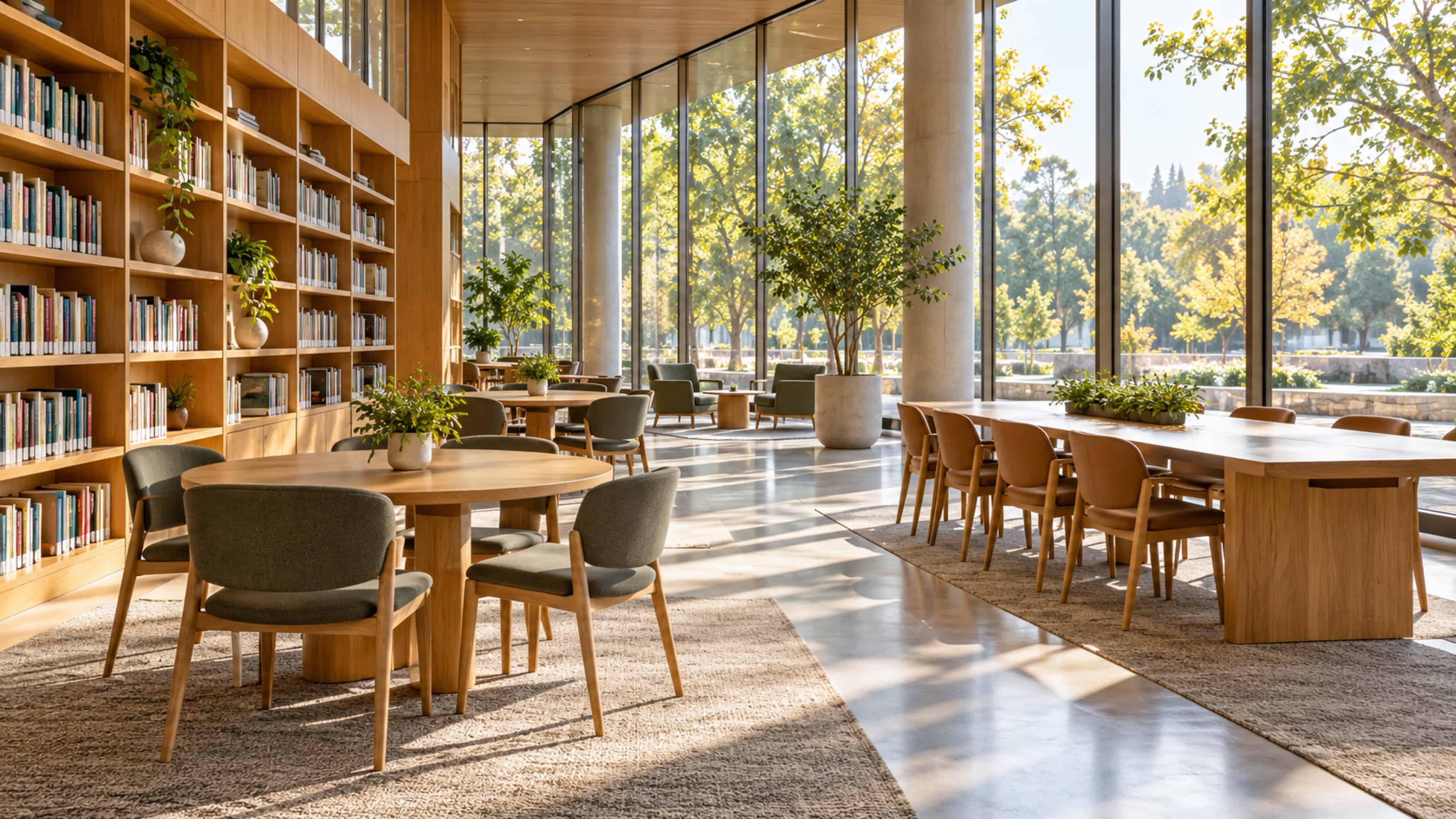 Illustrative public library reading and collaboration area with meeting tables and bookshelves